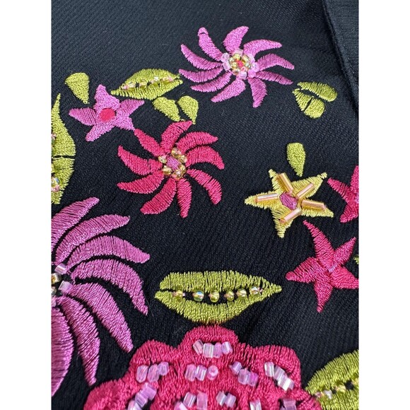 Surya Blouse Womens Large Black Button Up Floral Embroidered Beaded Rayon Boho - Picture 7 of 10